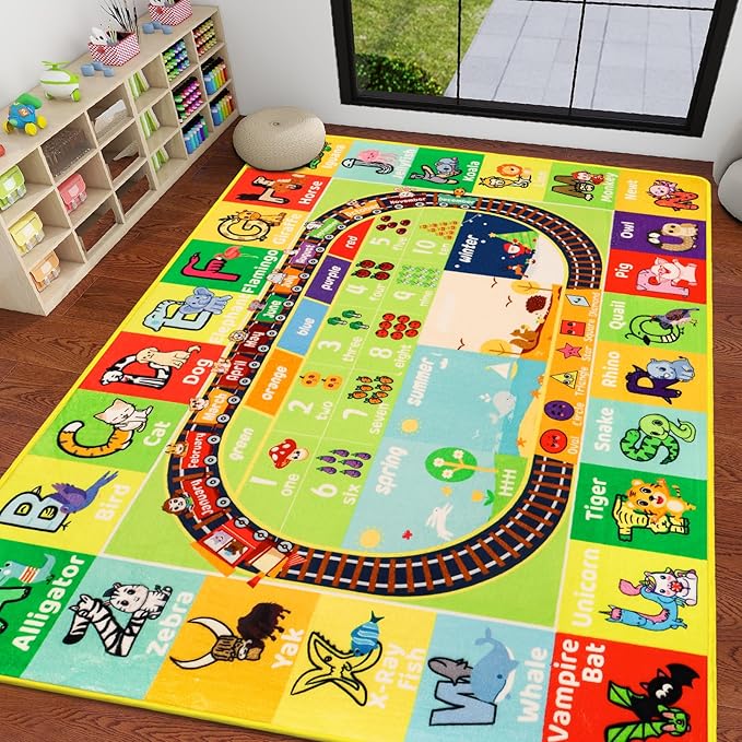 ABC Kids Rug for Playroom 59"×78.7" Baby Play Mat Alphabet Rug Animal Number Shape Classroom Rug Kids Playroom Rug Early Learning Carpet for Educational Learning & Game Area Preschool