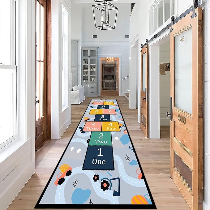 Hopscotch Game Long Hallway Rug Runners, 4x10ft, Cartoon City Car Road Bedroom Carpet, Shed Resistant Low Pile Carpets, Machine Washable Soft Non Slip Rugs for Nursery Dorm Family