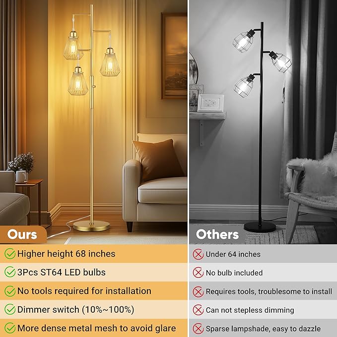 QiMH Industrial Floor Lamps for Living Room, Tree Standing Lamp with Stepless Dimmable, 68" Modern Tall Lamps for Bedroom Study Home Office, Rotary Switch, 3 LED Bulb Included, Gold
