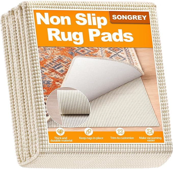 Songrey Non-Slip Rug Pad 8x11 FT, Extra Thick Carpet Pads for Hard Surfaces, Prevents Sliding and Secures Rugs, Provides Floor Protection with Comfort Cushioning