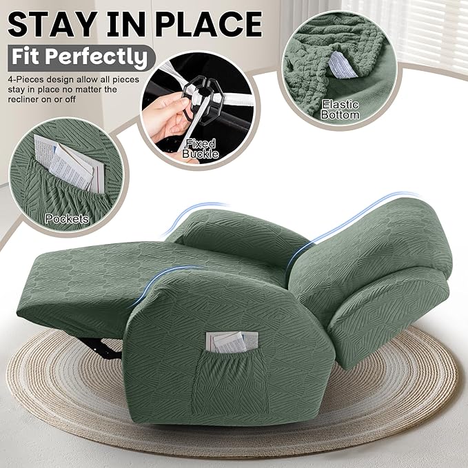 VANSOFY Oversized Recliner Chair Covers, 4-Pieces Stretch Recliner Cover Jacquard Soft Reclining Chair Slipcover Furniture Protector with Elastic Bottom for Lazy Boy Recliner(Bean Green)
