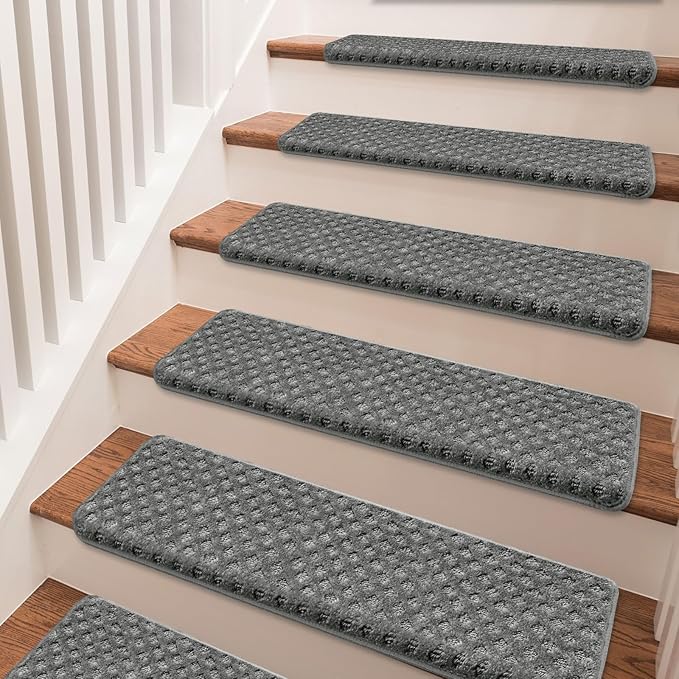 PURE ERA Bullnose Carpet Stair Treads Set Tape Free Non-Slip Indoor Stair Protectors Pet Friendly Rugs9.5" x 30"(14 Pieces,Grey Mini-Diamond Trellis)