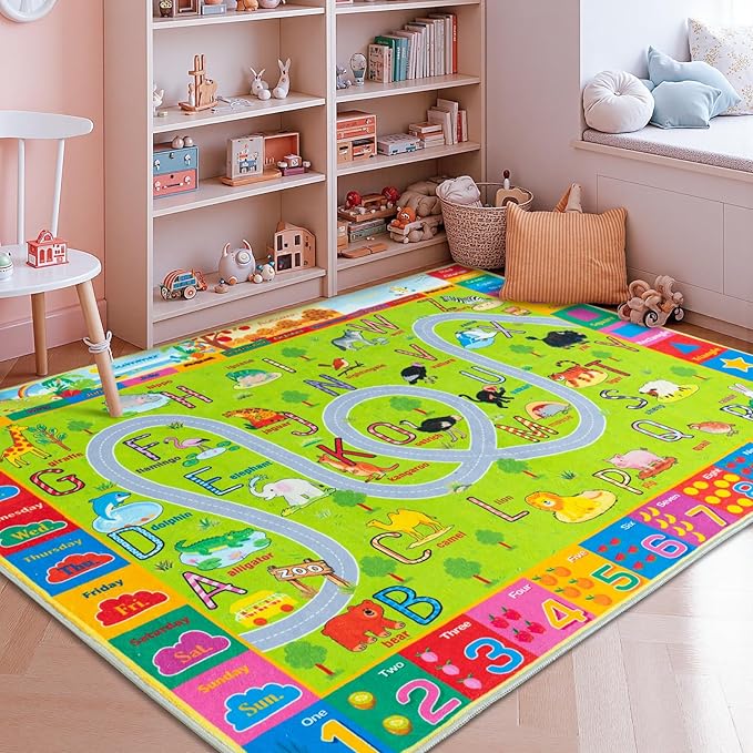 Kids Rugs Playmat for Bedroom Kids Room, Educational ABC Rug for Classroom, Non-Slip Washable Playroom Carpet for Boys Girls, Zoo Road Play Mat, 4x5 Green