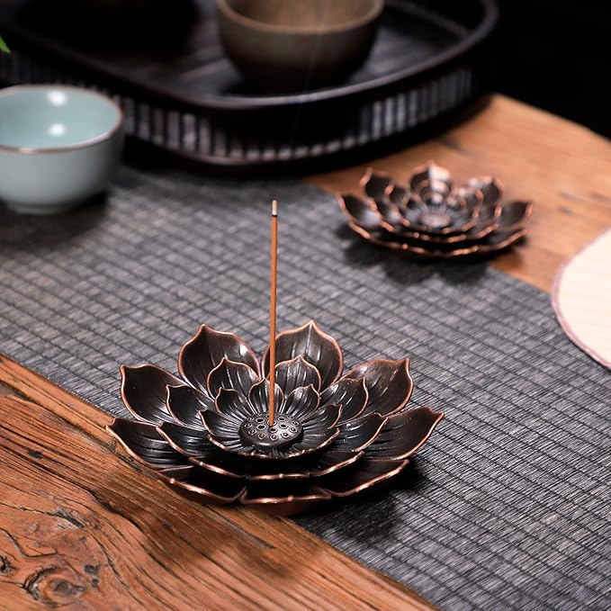 Large Incense Holder for Sticks Anti-Ash Spilling, Brass Lotus Incense Stick Holder and Detachable Ash Catcher