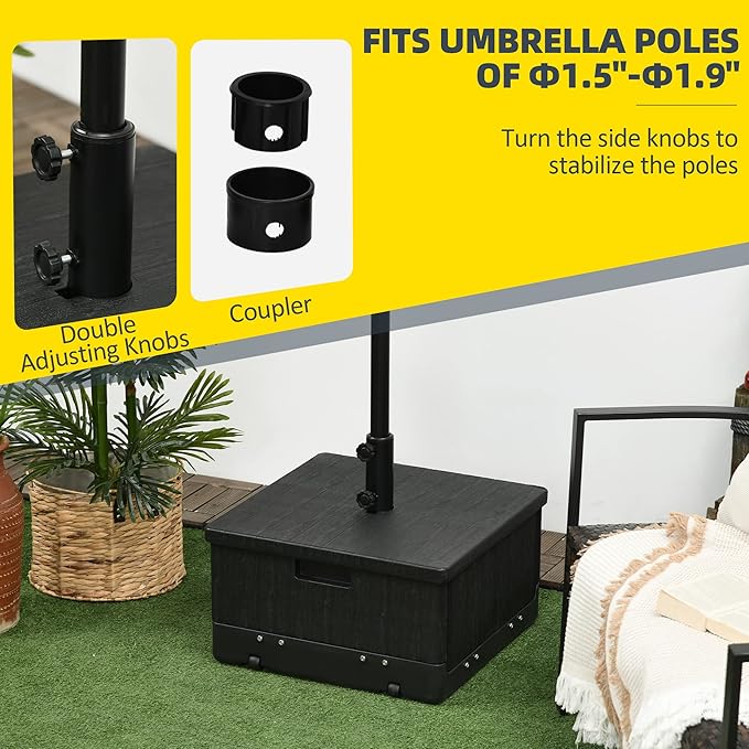 Outsunny 3-in-1 Outdoor Umbrella Base, Coffee End Table, Planter Box with Drain Hole, 175 lbs. Capacity Heavy Duty Fillable Patio Umbrella Stand Table with Wheels and Handles for Deck, Poolside, Black