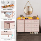 EXOTICA Pink Dresser with LED Light for Girls Bedroom 9 Drawer Dressers with Charging Station Chests of Drawers for Living Room Entryway Closet Hallway Sturdy Steel Frame Wooden Top Easy Pull Handle