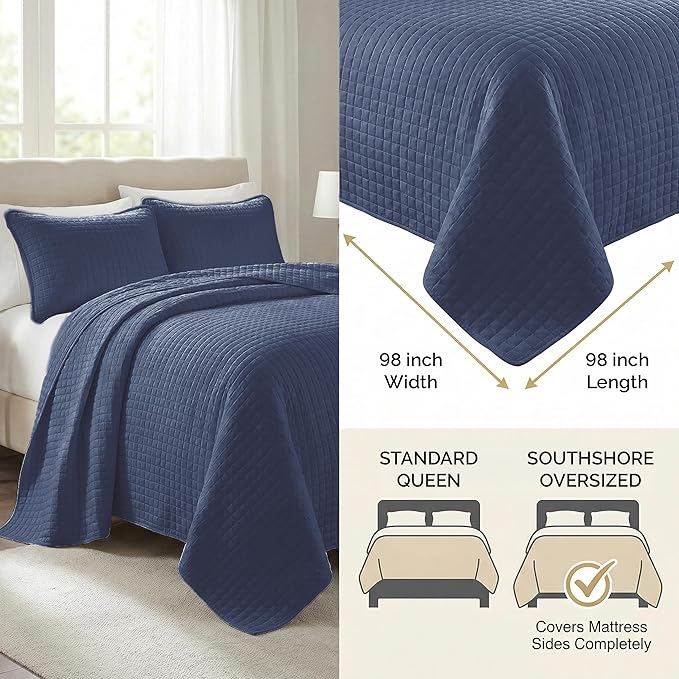 Southshore Fine Living, Inc. Summer Quilt Queen Size, Full Size Bedding Set, Pet Hair Resistant Bedding Coverlet Sets, Bedspreads Queen Size with 2 Pillow Shams, Quilted Comforter, Dark Blue Quilt