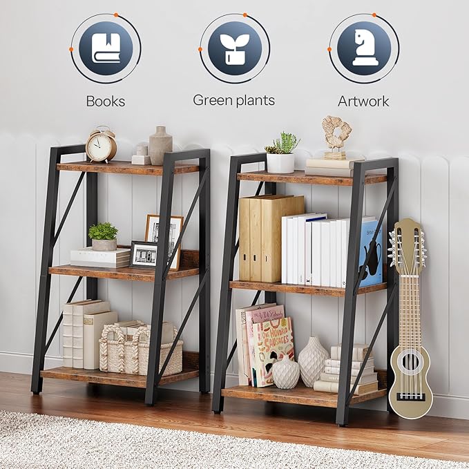 HOOBRO Ladder Shelf, 3-Tier Bookshelf, Corner Bookcase, Freestanding Storage Shelf Display Organizer, for Living Room, Bedroom, Home Office, Kitchen, Rustic Brown and Black BF303CJ01
