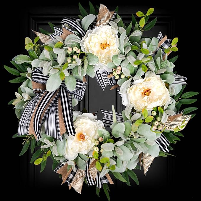 Lambs Ear Wreaths for Front Door Year Round Outside, 20'' Artificial Spring Summer Wreath with Peony Buffalo Bow Green Handmade Farmhouse Home Decor