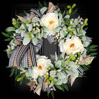 Lambs Ear Wreaths for Front Door Year Round Outside, 20'' Artificial Spring Summer Wreath with Peony Buffalo Bow Green Handmade Farmhouse Home Decor