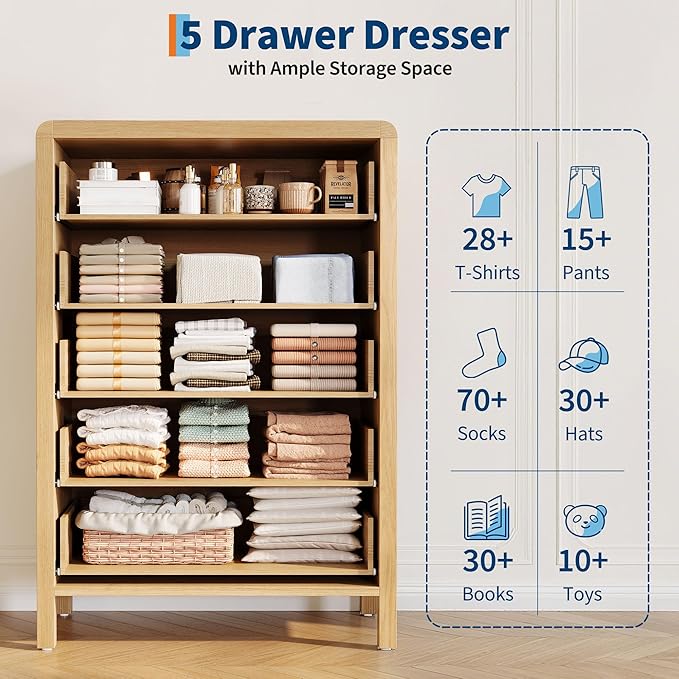GarveeHome 5 Drawer Dresser for Bedroom, Chest of Drawers, Closet Dresser Storage Cabinet Organizer for Bedroom, Living Room, Hallway & Office