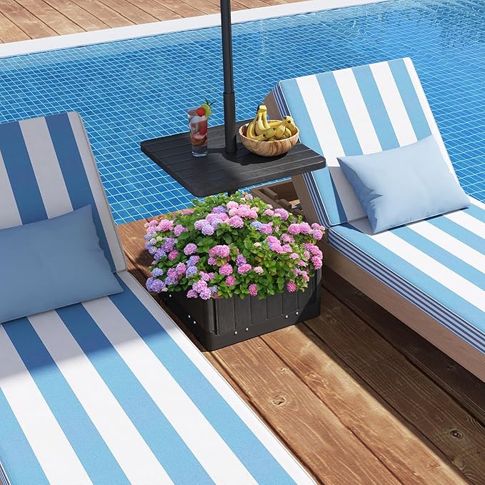 Tangkula 3-in-1 Patio Umbrella Base, 175 LBS Moveable Umbrella Stand w/Table Tray & Weighted Bag, Side Handles, HDPE Frame, 2 Pole Adapters, Garden Coffee Table Planter Box (Black)