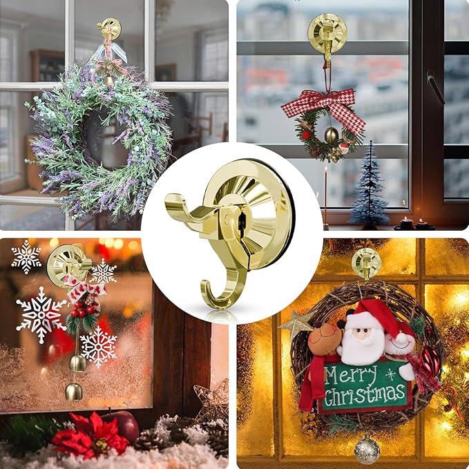 Antimbee Suction Cup Hooks, 10 Pack Suction Cup Hanger, Removable Large Suction Cup with Ultra-Thin Adhesive Disc for Smooth/Uneven Surfaces, Wreath Hangers Max Hanging up to 11 lbs (Gold)