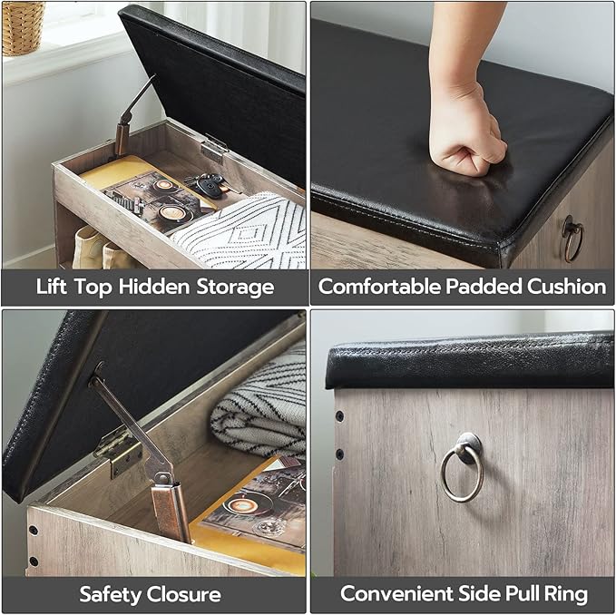 HOOBRO Shoe Storage Bench with Padded Cushion, Entryway Bench with Flip-Open Storage Box and Adjustable Shelf, Shoe Rack with Hidden Compartment, for Entryway, Living Room, Greige BG40HX01