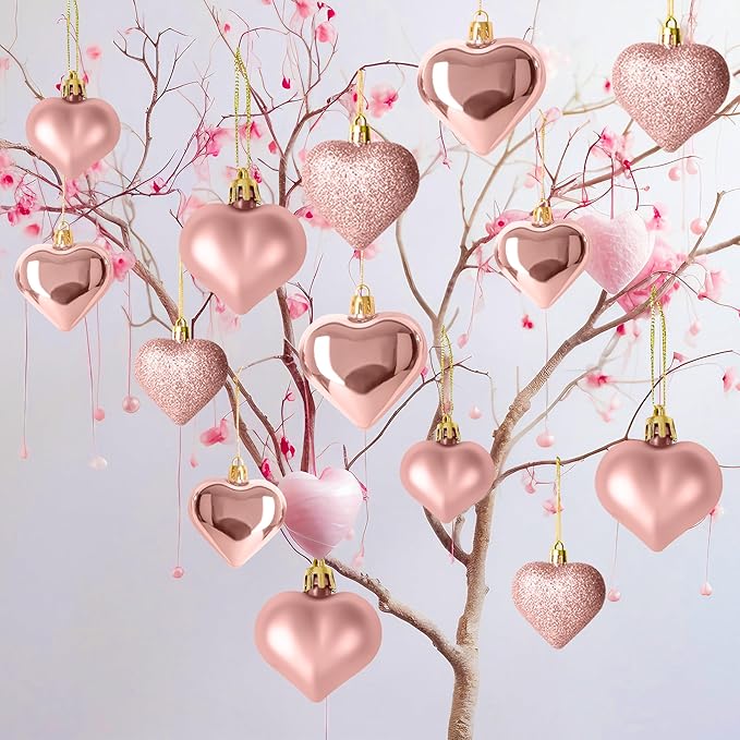 24PCS Valentines Day Heart Ornaments, Rosegold Heart Shaped Ornaments, 2 Sizes Heart Hanging Ornaments, Glossy Heart Baubles Hanging Decorations for Valentine's Day Wedding Anniversary Party Decor