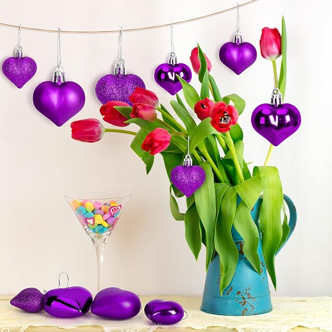 48PCS Purple Heart Shaped Ornaments, 2 Sizes Valentines Heart Hanging Ornaments, Glossy Heart Baubles for Wedding Anniversary Tree Party Decorations