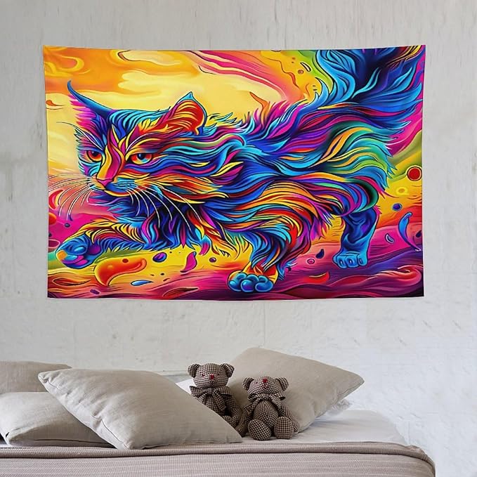VUMIVI Colorful Cat Tapestry Pet Oil Painting Print Rainbow Colorful Abstract Art Pattern Tapestry Wall Hanging for Living Room Bedroom Dorm Classroom Aesthetic Decor W60xL40in