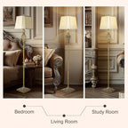 Vintage Floor Lamp for Living Room, 65" Tall Lamp with Nightlight and Beige Faux Silk Shade, Farmhouse Standing Lamp for Bedroom, Office Corner, or Study, Elegant Rustic Home Decor (LED Bulb Included)