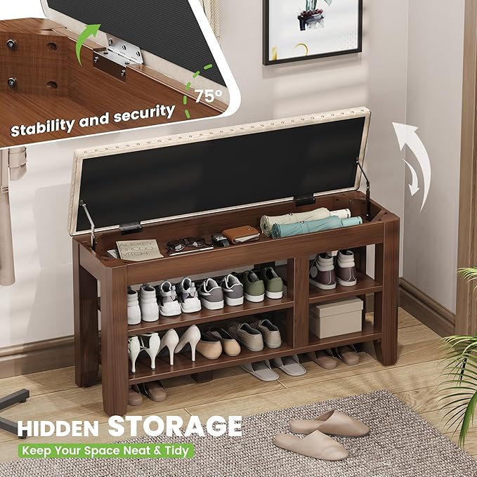 Shoe Bench for Entryway, Solid Rubberwood Shoe Bench with Hidden Storage, Adjustable 2-Tier Shelves & Soft PU Leather Seat, Shoe Rack Durable Easy Assembly for Hallway or Bedroom - Beige, 39.4"
