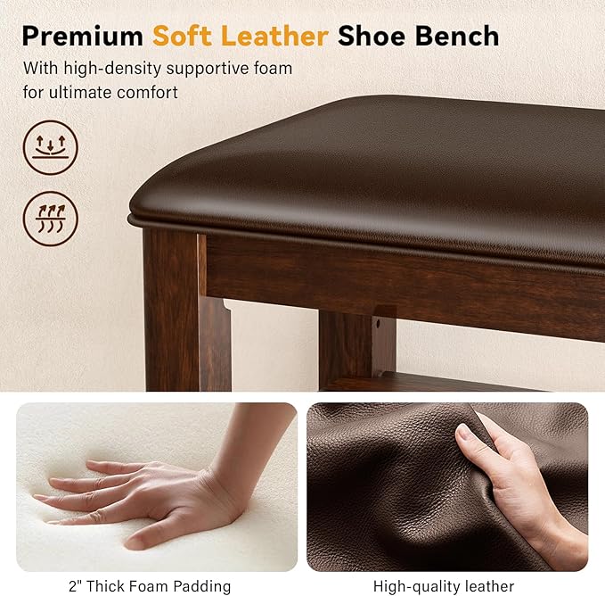 Shoe Rack Bench Entryway Storage with Leather Cushion, Shoe Organizer Bench for Entryway, Ideal for Front Doors Entrances Hallway Mudroom Featuring Rubberwood And 3 Height-Adjustable Removable Shelve