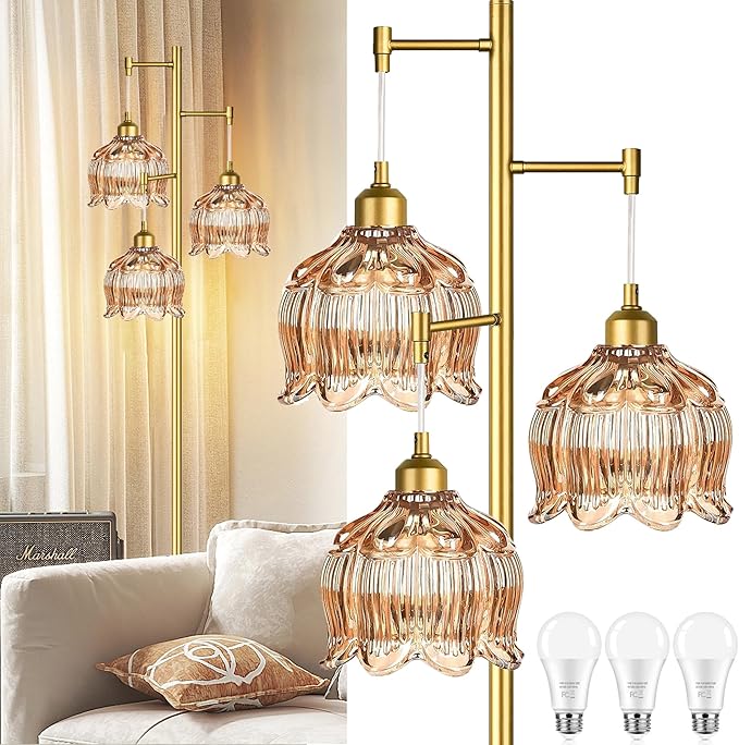 Gold Floor Lamp for Living Room Bedroom,Modern Floor Lamps with Unique Glass Shades,68IN Mid Century Tall Standing Lamp,Vintage Tree Floor Lamp for Corner Office Reading,3 Light Bulb Included