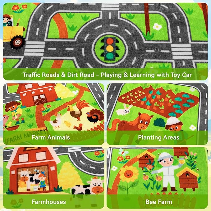 Kids Rug Play Mat for Toy Cars,110" × 78.7" Extra Large Farm Life Road Traffic for Playroom Kids Car Road Rug Village Map Play Mat Non-Slip Washable Carpet for Toddlers Boys Room Tummy Time Playtime