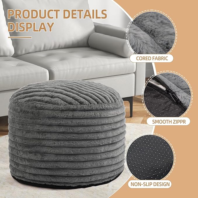 Round Stuffed Pouf Ottoman Foot Rest for Couch Round Ottoman with Foam Chunk Filling Stripe Faux Fur Ottomans for Living Room Floor (26"x18",Dark Grey)