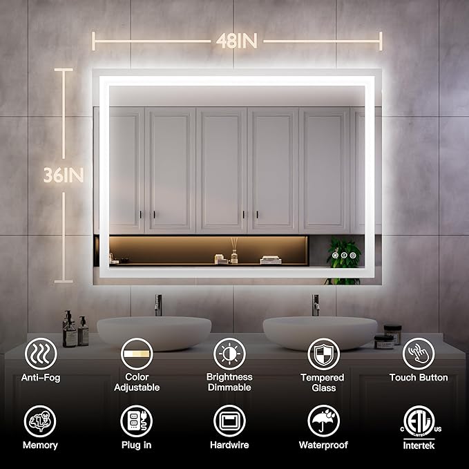 ISKM 48'' x 36'' LED Mirror for Bathroom Lighted Vanity Mirror for Wall Front Lights + Backlit LED Bathroom Mirror Anti-Fog Tempered Glass ETL Listed
