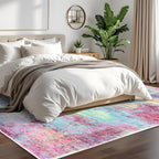 IOHOUZE Abstract Area Rugs 6x9 Ft Washable Rugs for Living Room, Non Slip Dining Room Rug, Printed Faux Wool Rugs for Bedroom, Floor Carpet for Office Nursery Playroom, Pink Teal