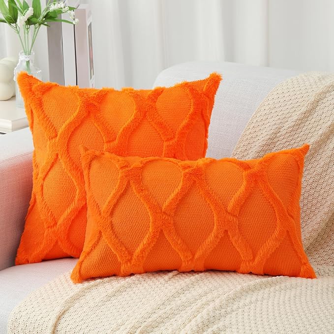 decorUhome Spring Euro Sham Throw Pillow Covers 22x22 Inch Set of 2, Soft Plush Faux Fur Wool Orange Couch Pillow Covers, Decorative Neutral Pillow Cases for Bed Sofa Living Room Home Decor