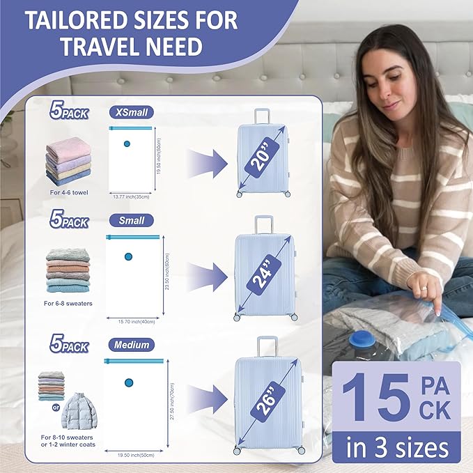 15 Pack Travel Vacuum Storage Bags with Rechargeable Wireless Electric Pump for Luggage, Suitcase, Carry-on Size Vacuum Seal Compression Space Saver Bags for Clothes and Clothing Travel