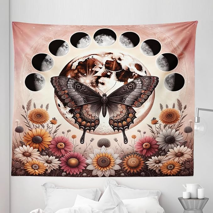 Ambesonne Boho Tapestry King Size, Springtime Butterfly Art with Delicate Floral Garden and Dreamy Moon Circle, Wall Hanging Bedspread Bed Cover Wall Decor, 104" X 88", Pale Ruby Dark Taupe