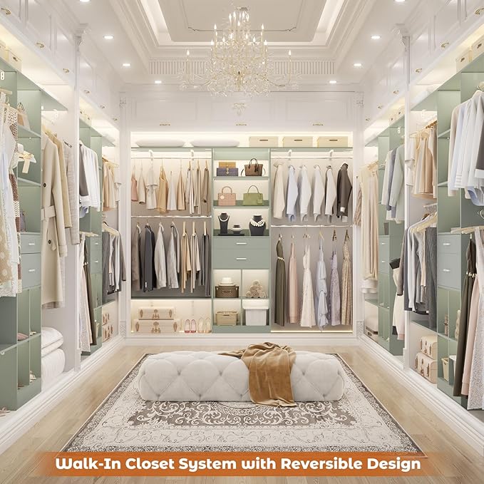 8FT Closet System - 96" Closet Organizer System with Wooden Drawers,Closet Systems for Walk-In Closets with Cuttable Hanging Shelving, Green