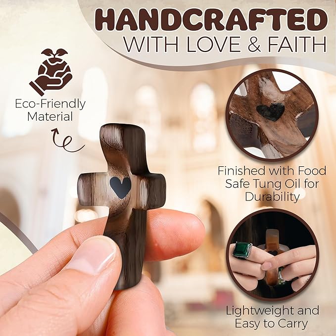 Cross My Heart,Wooden Cross,Encouragement Gift Stress Relief Cross,Prayer Cross for Hand,Pocket Cross Christian Gifts for Women and Fidget Toys for Children and Adults(Black 5Pcs