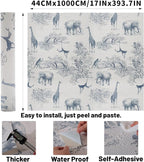 Animal Pattern Peel and Stick Wallpaper - 17.5"x500" Extra Long Blue White Vinyl, Self-Adhesive Removable Wallpaper for Kids Room, Furniture - DIY Friendly