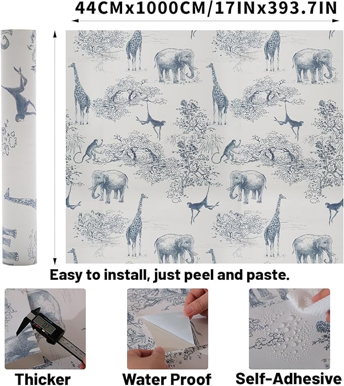 Animal Pattern Peel and Stick Wallpaper - 17.5"x500" Extra Long Blue White Vinyl, Self-Adhesive Removable Wallpaper for Kids Room, Furniture - DIY Friendly