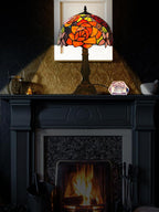 KY&BOSAM Tiffany Style Table Lamp Stained Glass Red Rose Desk Lamp Lights 19 Inch Tall Glass 12 Inch Wide Shade Beside Lamp1 Bulb Antique Zinc Base for Home Living Room Bedroom Kitchen Table Top Décor
