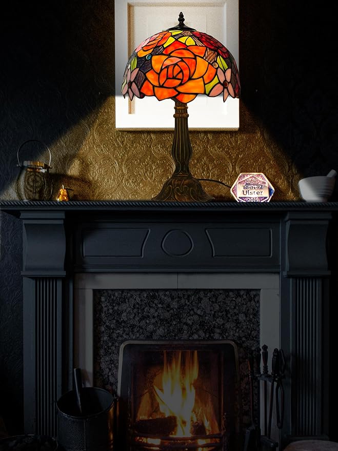 KY&BOSAM Tiffany Style Table Lamp Stained Glass Red Rose Desk Lamp Lights 19 Inch Tall Glass 12 Inch Wide Shade Beside Lamp1 Bulb Antique Zinc Base for Home Living Room Bedroom Kitchen Table Top Décor