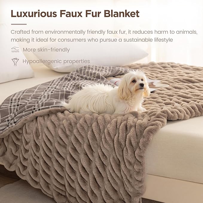 Sophia & William Ruched Faux Fur Throw Blanket Bed Blanket - Luxury Lightweight Plush Fuzzy Cozy Soft Blankets, Brown, 60" x 80"