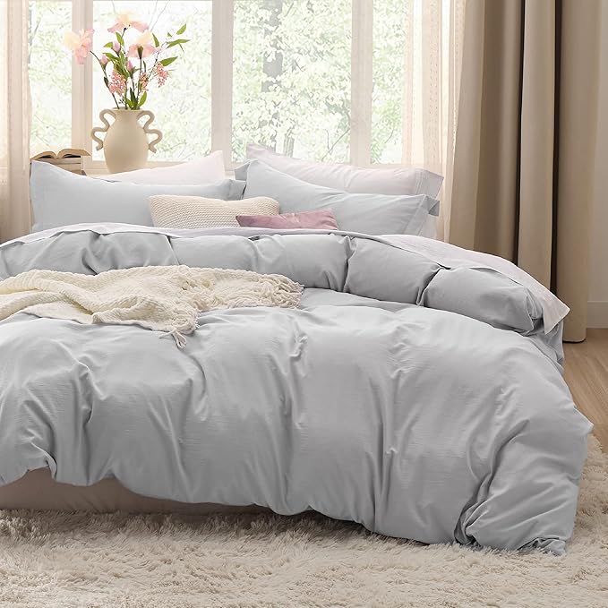 Bedsure Light Grey Duvet Cover Full Size - 3 Pieces Prewashed Extra Soft Cotton-Like Polyester Bedding Set, Includes 1 Duvet Cover 80x90 Inches with Zipper Closure & 2 Pillow Shams, No Comforter