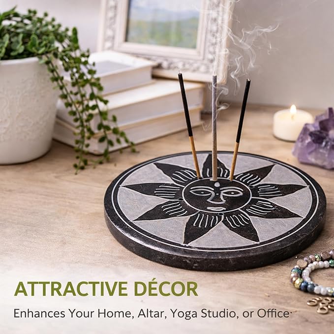 Marble Black Soapstone Incense Stick Holder | Handmade Round Incense Burner with Sun Carving | Decorative Ash Catcher for Home, Office, Meditation & Puja Décor