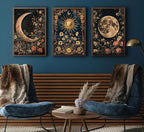 3Pcs Sun and Moon Celestial Canvas Wall Art Vintage Gothic Mystical Crescent Floral Plant Dark Academia Painting Picture Wall Decor Posters Print Artwork for Living Room Bedroom Decoration Unframed (16L" x 12W"-Poster)