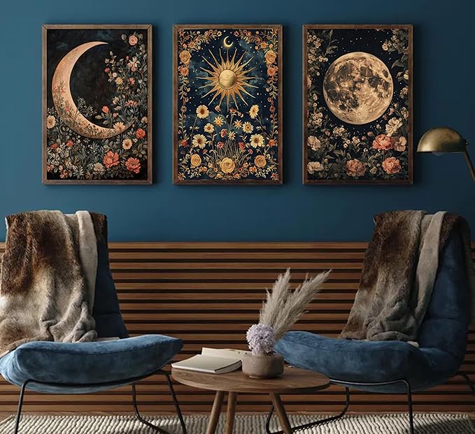 3Pcs Sun and Moon Celestial Canvas Wall Art Vintage Gothic Mystical Crescent Floral Plant Dark Academia Painting Picture Wall Decor Posters Print Artwork for Living Room Bedroom Decoration Unframed (16L" x 12W"-Poster)