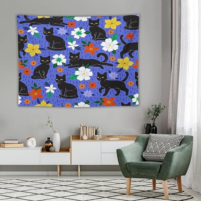 VUMIVI Black Cat Floral Tapestry Red White Hand-Painted Flowers Cute Animals Kids' Doodles Tapestry Wall Hanging for Living Room Bedroom Dorm Classroom Aesthetic Decor W80xL60in