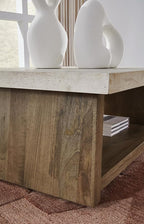 Signature Design by Ashley Brendalhouse Casual Coffee Table with Faux Cement Top, Bottom Shelf and Casters, Light Brown & White