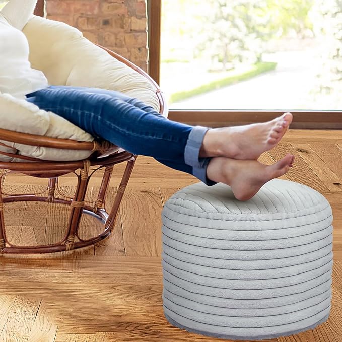 Round Stuffed Pouf Ottoman Foot Rest for Couch Round Ottoman with Foam Chunk Filling Stripe Faux Fur Ottomans for Living Room Floor (20"x15",Light Grey)