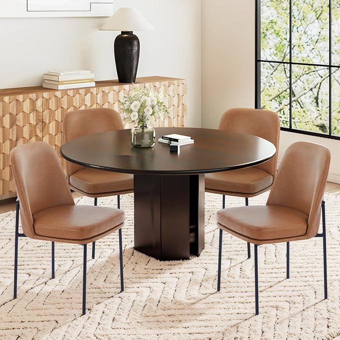 COLAMY Dining Chairs Set of 4, Modern Dining Chair, Leather Upholstered Dining Chairs, Kitchen Chairs with Curved Back and Metal Legs for Dining Room Kitchen Restaurant, Brown