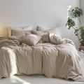 MooMee Striped Duvet Cover Set 100% Washed Cotton Linen Like Textured Breathable Durable Soft Comfy (Tannish Linen Grey White Wide Stripes, Full 80"x90")