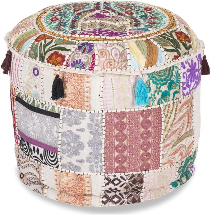 Aakriti Gallery Indian Pouf Footstool Ethnic Embroidered Pouf Cover, Indian Cotton Round Pouffe Ottoman Pouf Cover Pillow Ethnic Decor Art - Cover Only (White, 18x13)