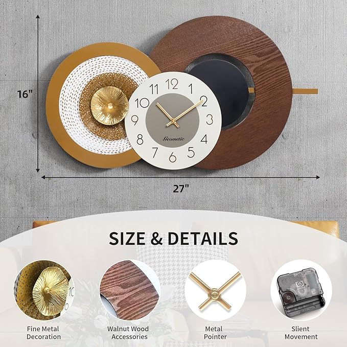 27x16 Inch Large Decorative Wall Clock - Wood & Metal Mid Century Modern Clock Non-Ticking Silent Battery Operated for Living Room, Bedroom, Kitchen, Office, Home